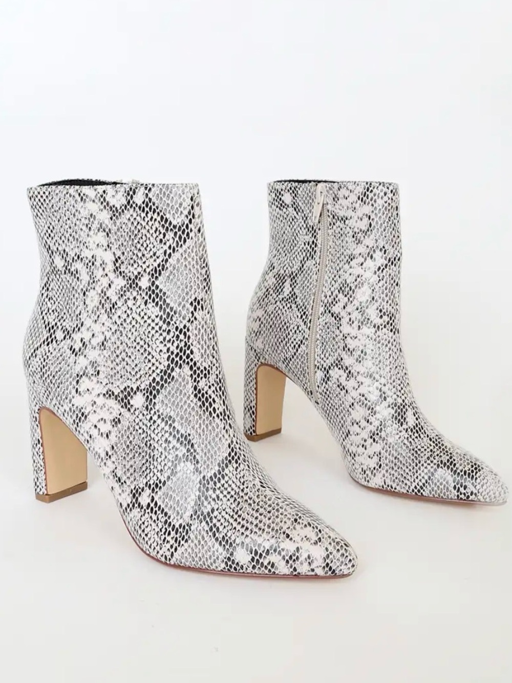 Chinese Laundry Snake-Print Pointed Ankle Boots in White and Gray